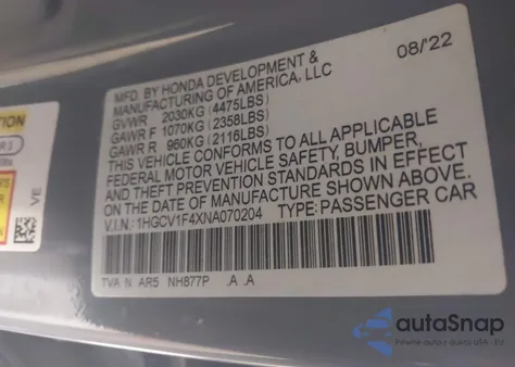 2022 Honda Accord Sport Se z USA, uszkodzony, nr VIN 1HGCV1F4XNA070204